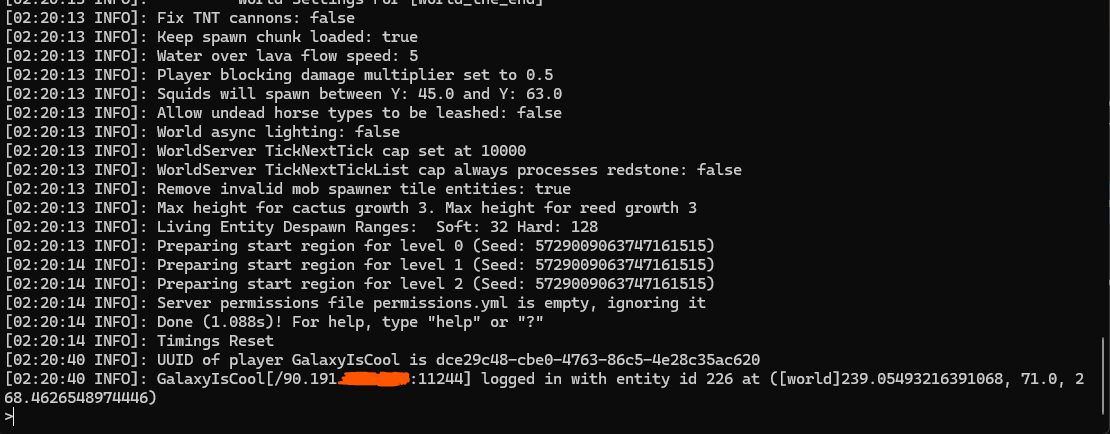 After PROXY protocol and RealIP: the console records the player's public IP, partially redacted in the screenshot.