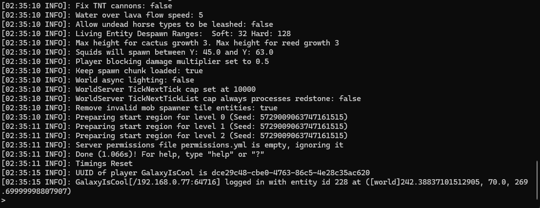 Before PROXY protocol: the Minecraft console records the tunnel agent's private 192.168.0.77 address for the joining player.